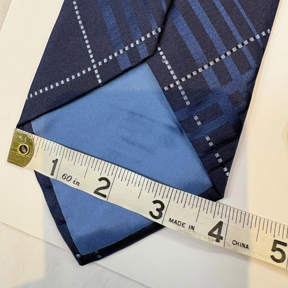 Pierre Cardin Mens Navy Blue Plaid‎ Silk Necktie Geometric Dotted Line Vintage